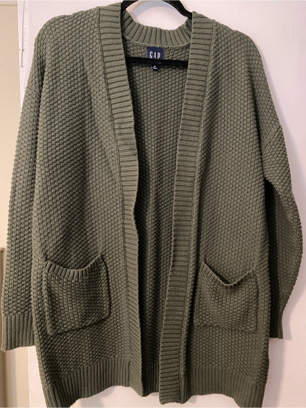 GAP Olive Knit Open-Front Cardigan with Pockets